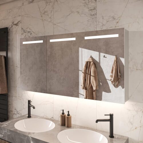 Uitdrukking Tegenstander waarom niet Aluminium badkamer spiegelkast met LED verlichting boven en onder,  verwarming, sensor en stopcontact 140x70 cm - Designspiegels
