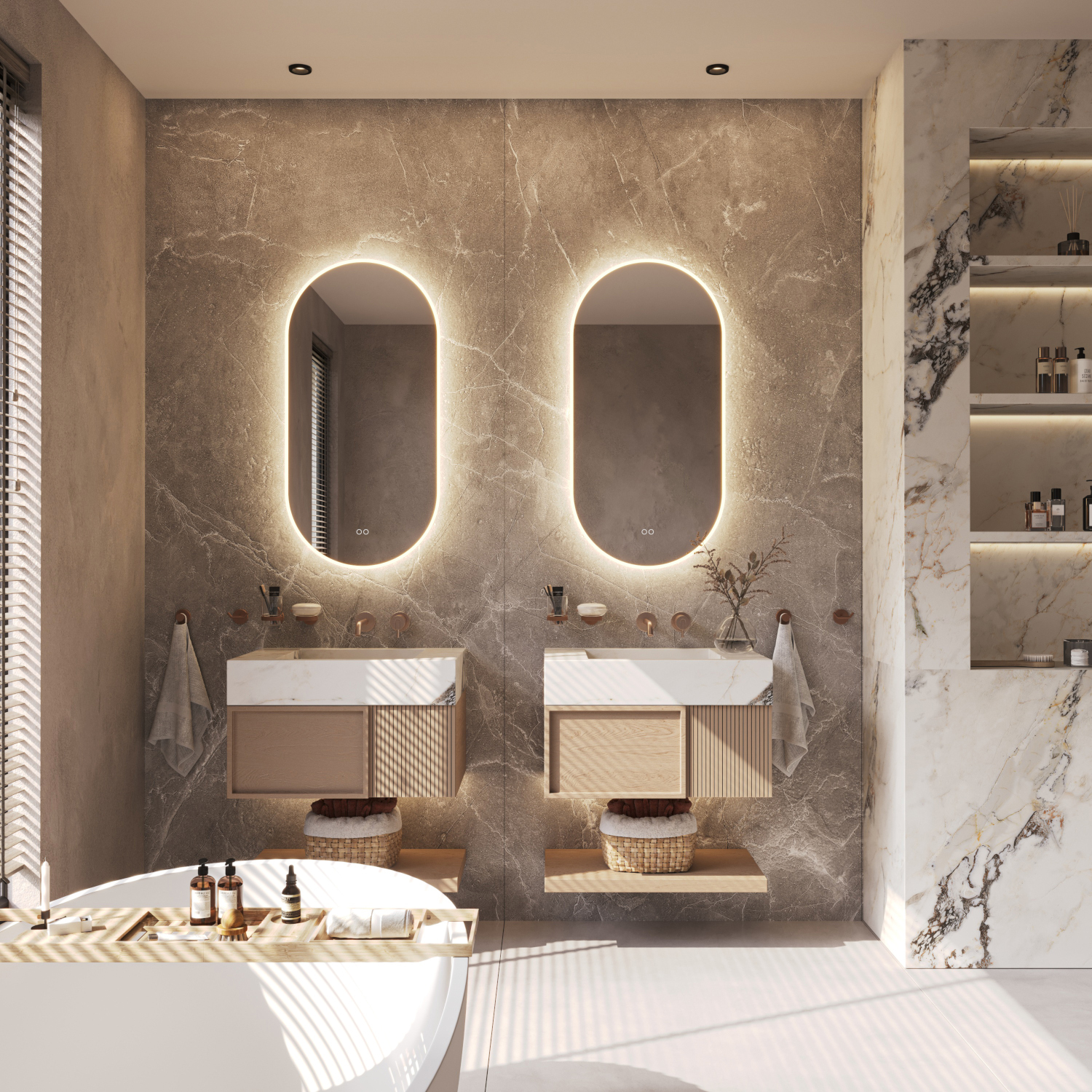 Beschik je over een breed badkamermeubel met 2 kranen of over 2 losse badkamermeubels? Denk dan eens aan 2 spiegels naast elkaar