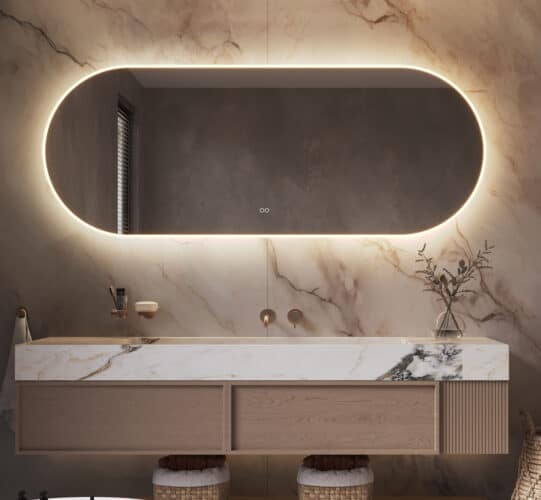 Deze grote, ovale design badkamerspiegel is van alle gemakken voorzien, zoals praktische verlichting, verwarming en een dubbele touch schakelaar met dimfunctie en instelbare lichtkleur