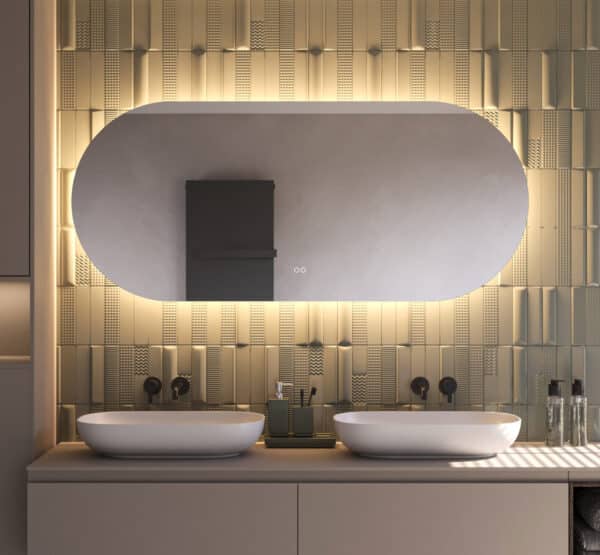 Deze trendy ovale 160 cm badkamer spiegel is van alle gemakken voorzien, zoals: ambient verlichting, spiegelverwarming, dimfunctie en instelbare lichtkleur